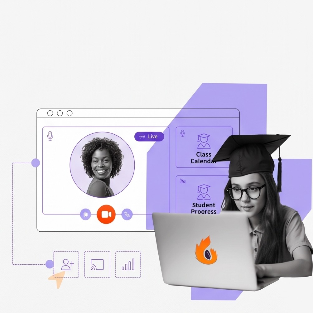 Live class in session with class calendar and student progress panels